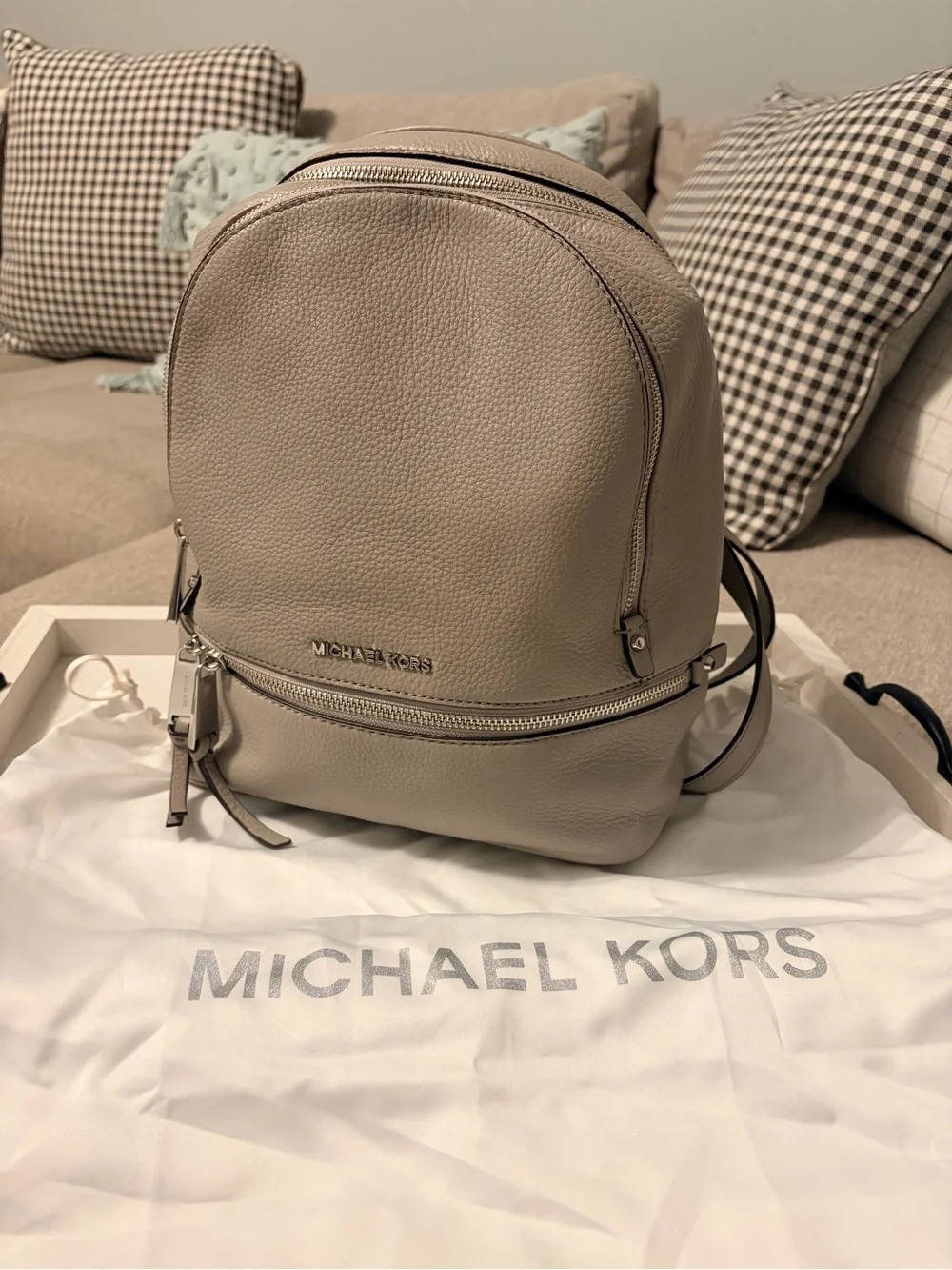 Michael Kors Pebbled Leather Rhea Backpack in Cement Gray